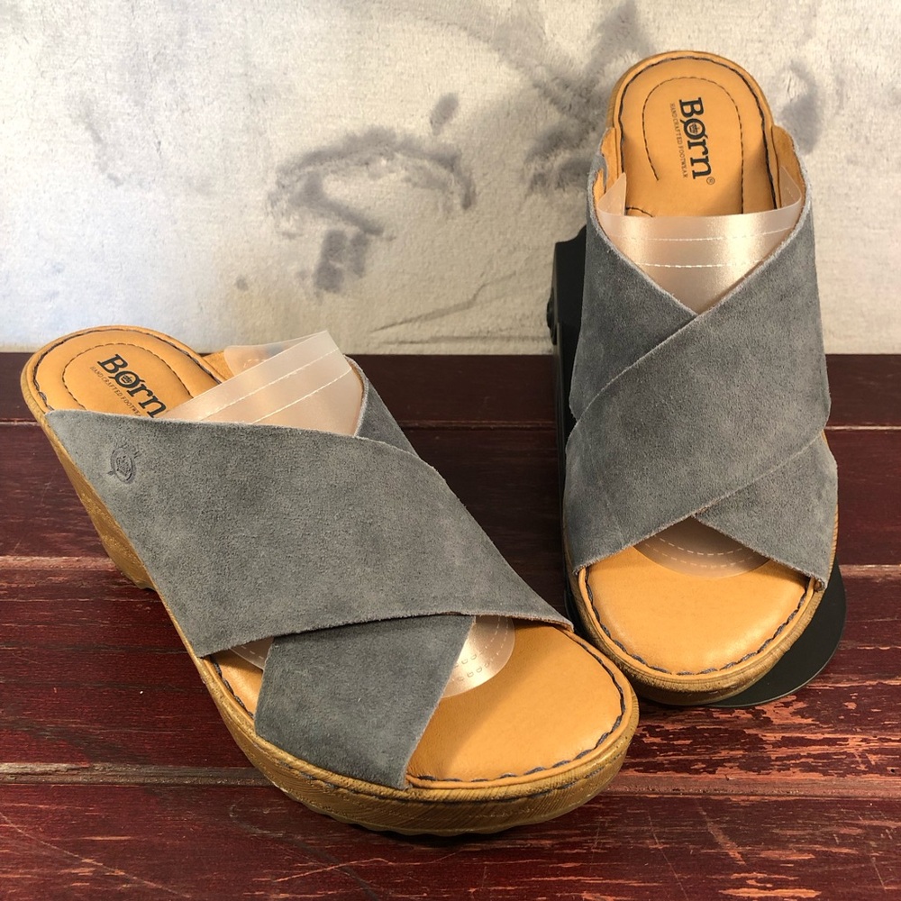Born Women's Gray Suede Crisscross Wedge Sandals